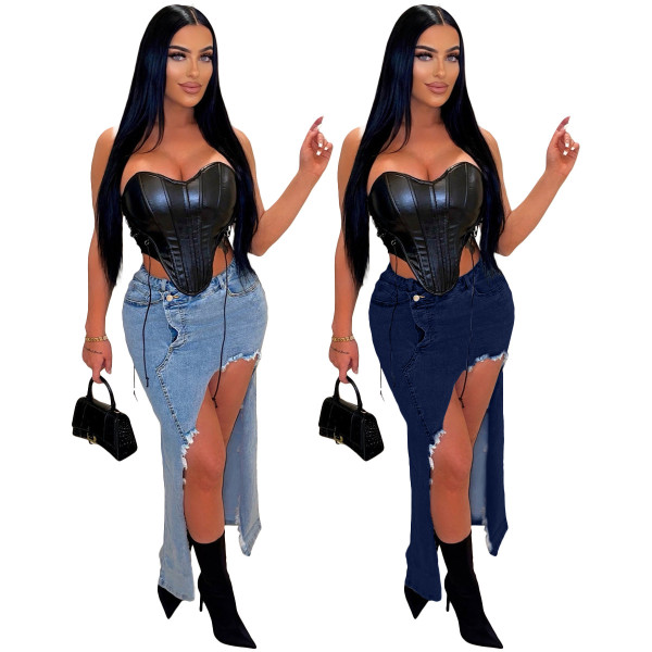 Personalized denim wash split skirt