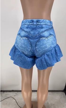 Women's denim printed ruffled shorts