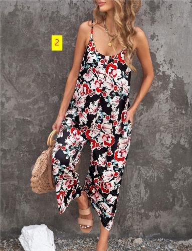 Women's suspenders, straps, printed jumpsuit, jumpsuit pants