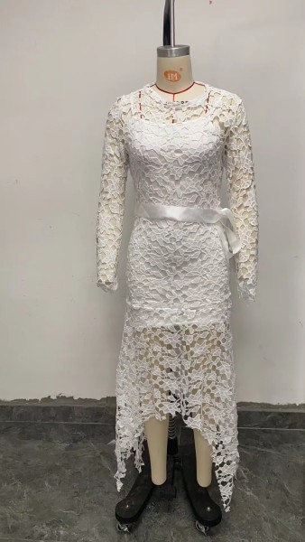Lace Hollow Long Sleeve Standing Neck Lace Up 5 Color Irregular Dress