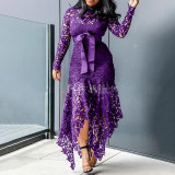 Lace Hollow Long Sleeve Standing Neck Lace Up 5 Color Irregular Dress