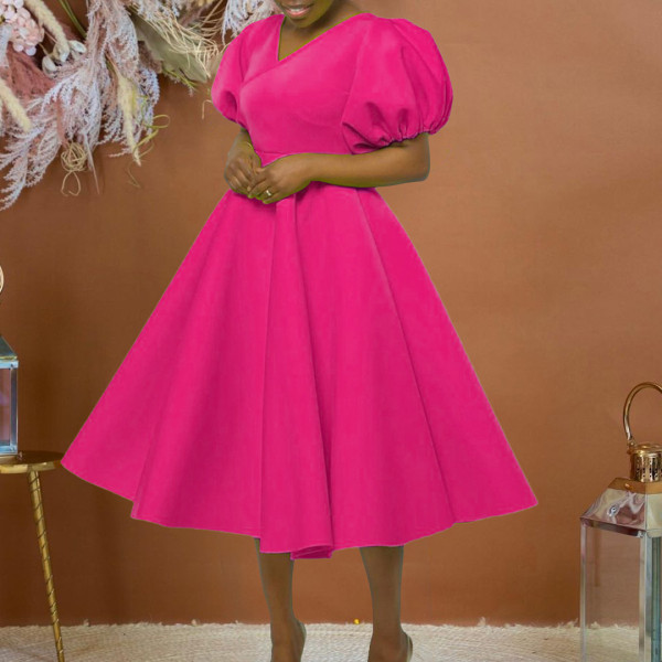 Fashion V-neck Bubble Sleeve Large Dress