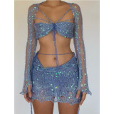 Beaded Knitted Sweater Three Piece Set