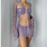 Beaded Knitted Sweater Three Piece Set