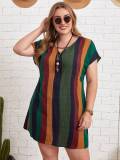 Large Women's Dress with Striped Bat Sleeve Tunic Dress