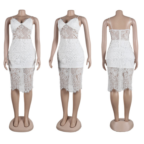 Sexy Sleeveless Perspective Slim Fit Lace Spliced Strap Dress