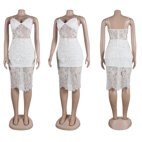 Sexy Sleeveless Perspective Slim Fit Lace Spliced Strap Dress