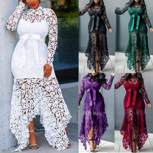 Lace Hollow Long Sleeve Standing Neck Lace Up 5 Color Irregular Dress