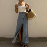 Half length high waisted split vintage denim skirt with hip wrap skirt