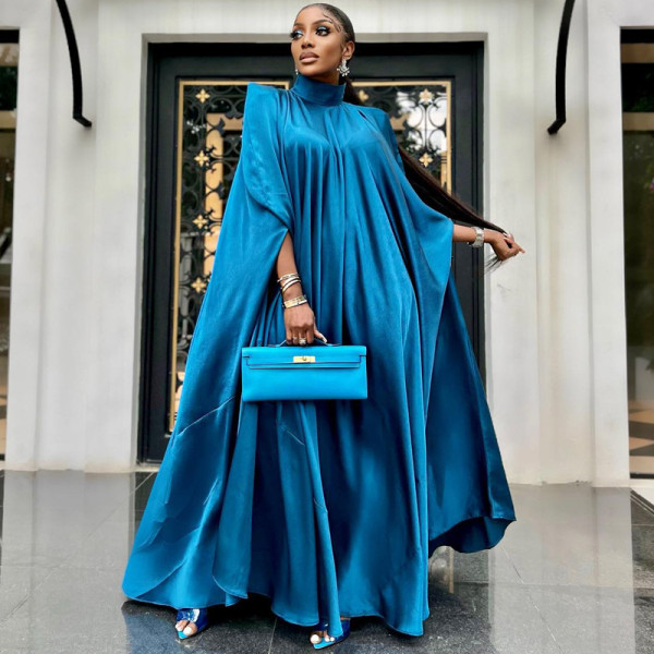 Women's high neck loose draped robe satin dress