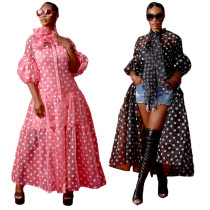 Polka dot dress short sleeved high waisted breasted shirt long skirt