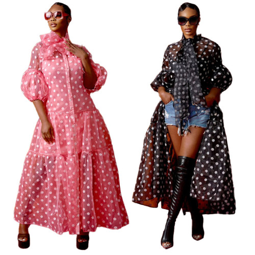 Polka dot dress short sleeved high waisted breasted shirt long skirt