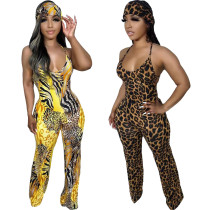 Leopard print women's suspender jumpsuit (with headscarf) Leopard print women's suspender jumpsuit (with headscarf)