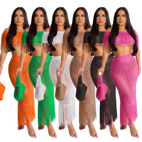 Women's casual short sleeved fringed beach skirt set