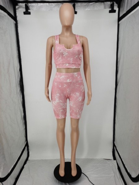 Small U rib printed five-point pants hip lift fitness exercise running yoga two-piece suit
