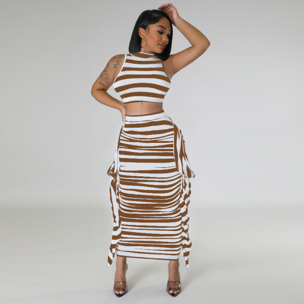 Striped open navel tight sleeveless vest skirt two-piece set