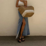 Half length high waisted split vintage denim skirt with hip wrap skirt