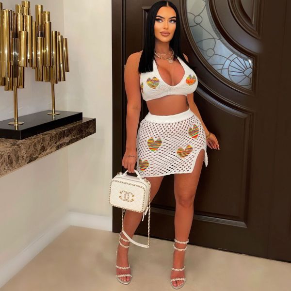 Women's sexy and caring jacquard hollowed out knitted beach skirt fashion set