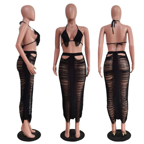Women's casual and sexy tassel bra beach skirt set