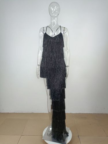 Dress Split Long Dress Open Back Sexy Strap Tassel Dress
