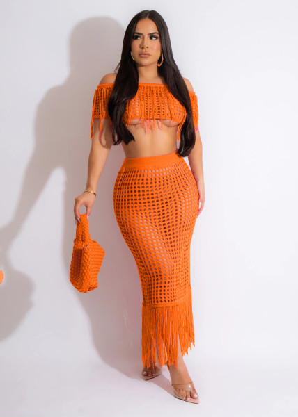 Women's casual short sleeved fringed beach skirt set
