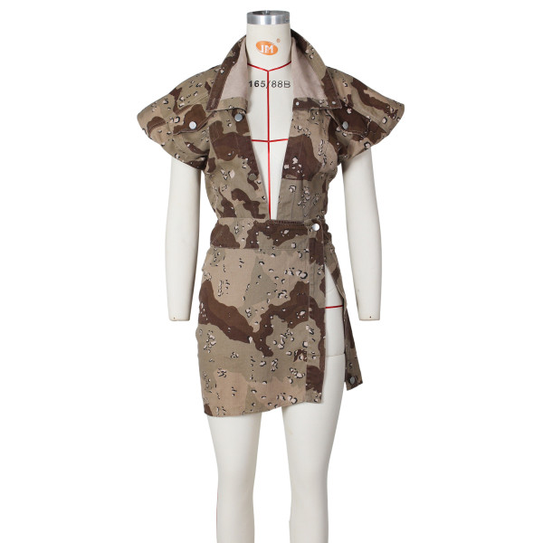 Women's casual worn-out heavy washed sleeveless high split camouflage casual set