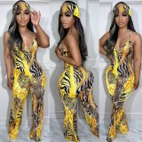 Leopard print women's suspender jumpsuit (with headscarf)