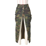 Women's Fashion Personalized Camo Wash Pocket Split Tassel Half Dress