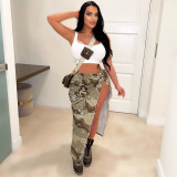Women's Fashion Personalized Camo Wash Pocket Split Tassel Half Dress