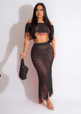 Women's casual short sleeved fringed beach skirt set