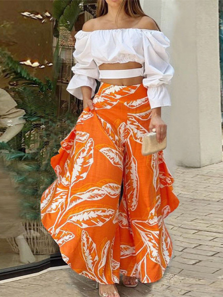 Fashionable and sexy one line collar top with wooden ear hem pants