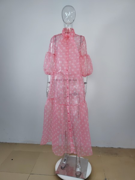 Polka dot dress short sleeved high waisted breasted shirt long skirt