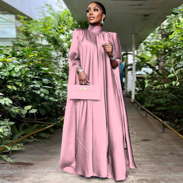 Women's high neck loose draped robe satin dress