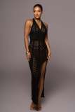 Women's suspender hollowed out dress sexy women's high slit knitted beach dress