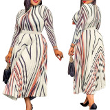 Irregular positioning printed pleated geometric design dress