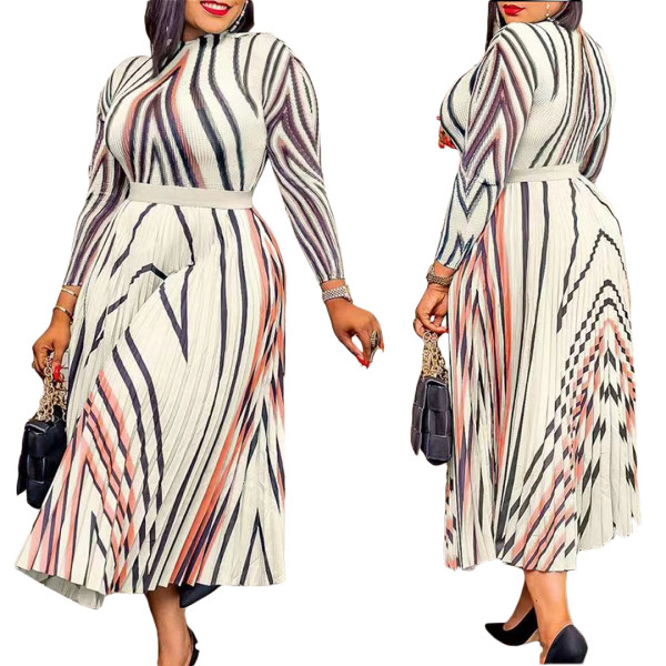 Irregular positioning printed pleated geometric design dress