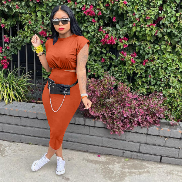 Sleeveless Shoulder Pad T-shirt One Step Dress Solid Two Piece Set