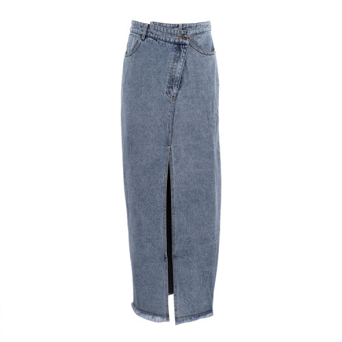Half length high waisted split vintage denim skirt with hip wrap skirt