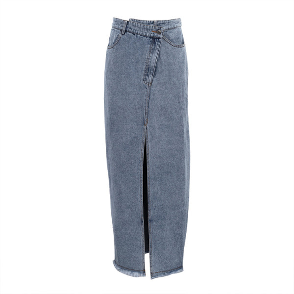 Half length high waisted split vintage denim skirt with hip wrap skirt