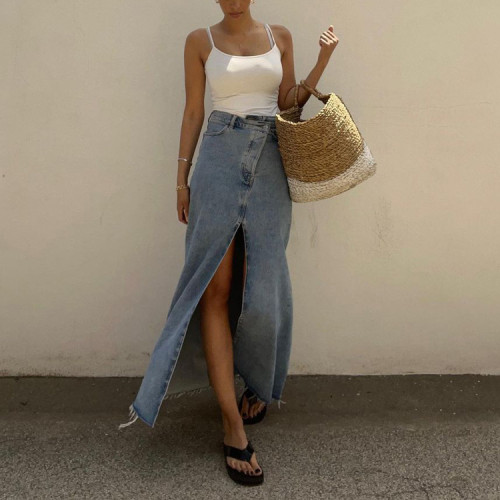 Half length high waisted split vintage denim skirt with hip wrap skirt