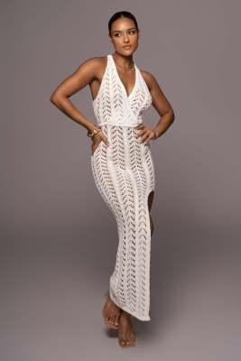 Women's suspender hollowed out dress sexy women's high slit knitted beach dress