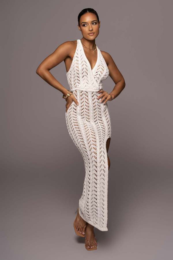 Women's suspender hollowed out dress sexy women's high slit knitted beach dress