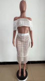 Women's casual short sleeved fringed beach skirt set