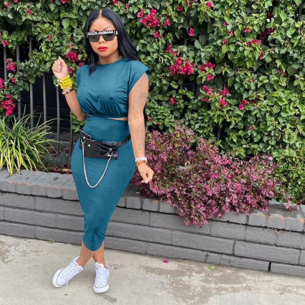 Sleeveless Shoulder Pad T-shirt One Step Dress Solid Two Piece Set