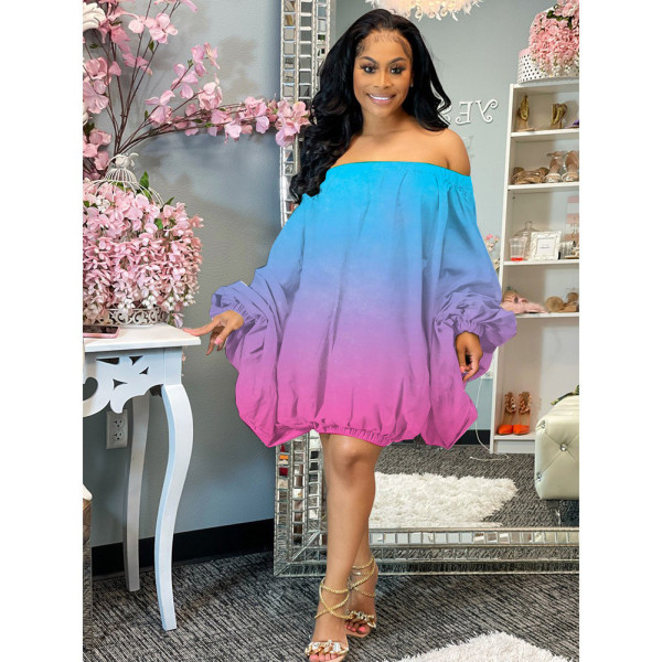 Street loose fitting short skirt gradient printed off shoulder dress