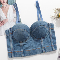 Denim suspender vest, women's beautiful back, exposed navel, no underwear, wearing fish bone top, versatile nightclub dance bra Denim suspender vest, women's beautiful back, exposed navel, no underwear, wearing fish bone top, versatile nightclub dance bra
