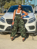 Strap camouflage pants printed loose fitting jumpsuit
