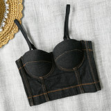 Denim suspender vest, women's beautiful back, exposed navel, no underwear, wearing fish bone top, versatile nightclub dance bra