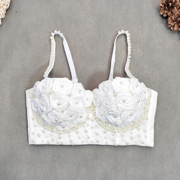 3D Rose Blossom Pearl Fishbone Chest Waist length Short Shaped Wrap up Vest Style Bra