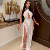 Hanging Neck Perspective Sexy Slim Fit Split Hollow Out Dress
